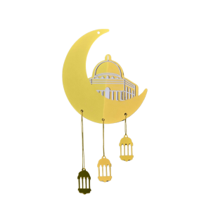 دکوری آویزی ماه رمضان طرح مسجد و فانوس طلایی از جنس پلکسی، مناسب تزیین دیوار و سفره افطار.