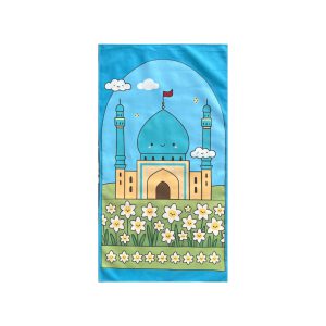 سجاده مخمل کودکانه با طراحی شاد و رنگارنگ از مسجد و گل‌ها برای نماز کودکان.