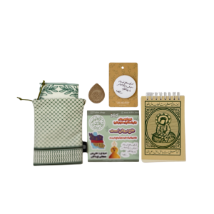 پک کامل راهیان نور شامل جامهری فلسطینی، مُهر، دفترچه پلنر با طرح مذهبی، استیکرهای فرهنگی و پیکسل، مناسب برای زائران و اردوهای فرهنگی